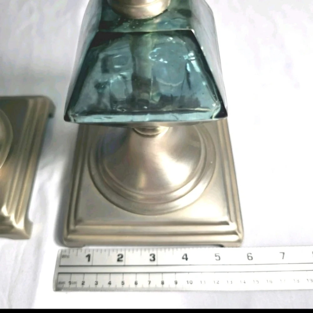 PAIR OF RARE VINTAGE STACKED FACETED TEAL BLUE GLASS MID CENTURY CANDLE HOLDERS